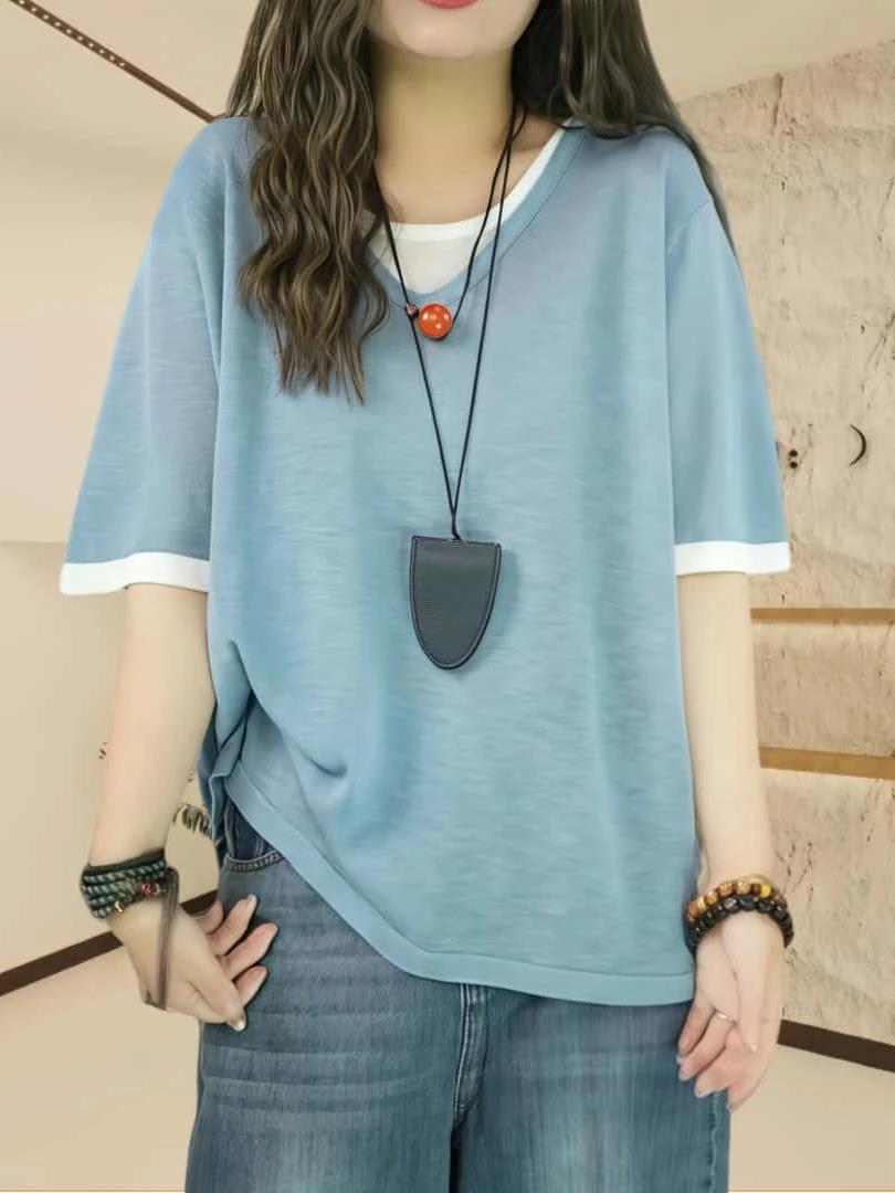 假两件短袖T恤女夏季薄款2025新款大码时尚宽松显瘦V领体恤上衣女