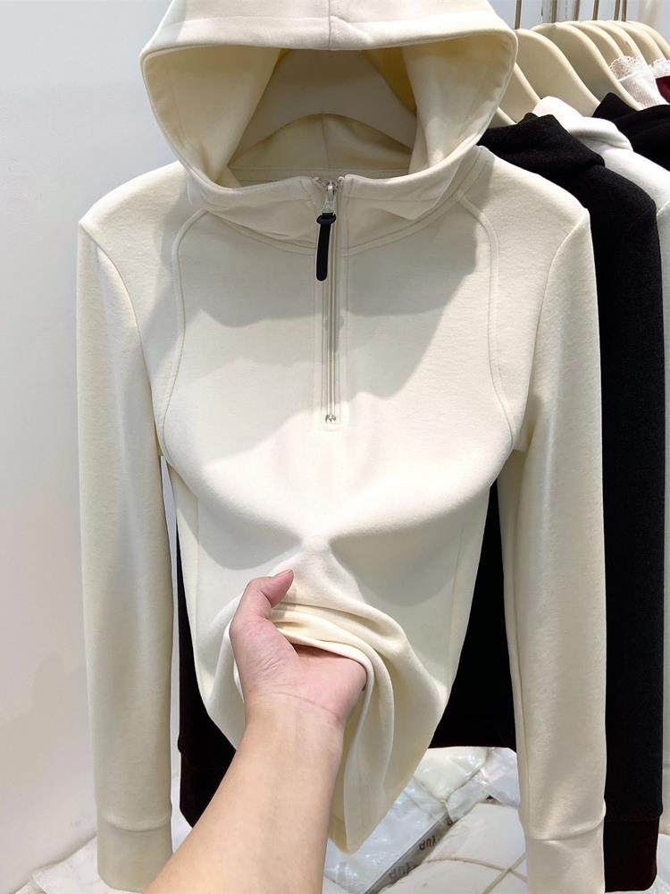 半拉炼双面德绒连帽卫衣女春秋加绒显瘦设计感打底衫帽衫洋气上衣,女装/女士精品,大码内搭,淘宝优惠券,粉丝福利购,淘宝优惠卷