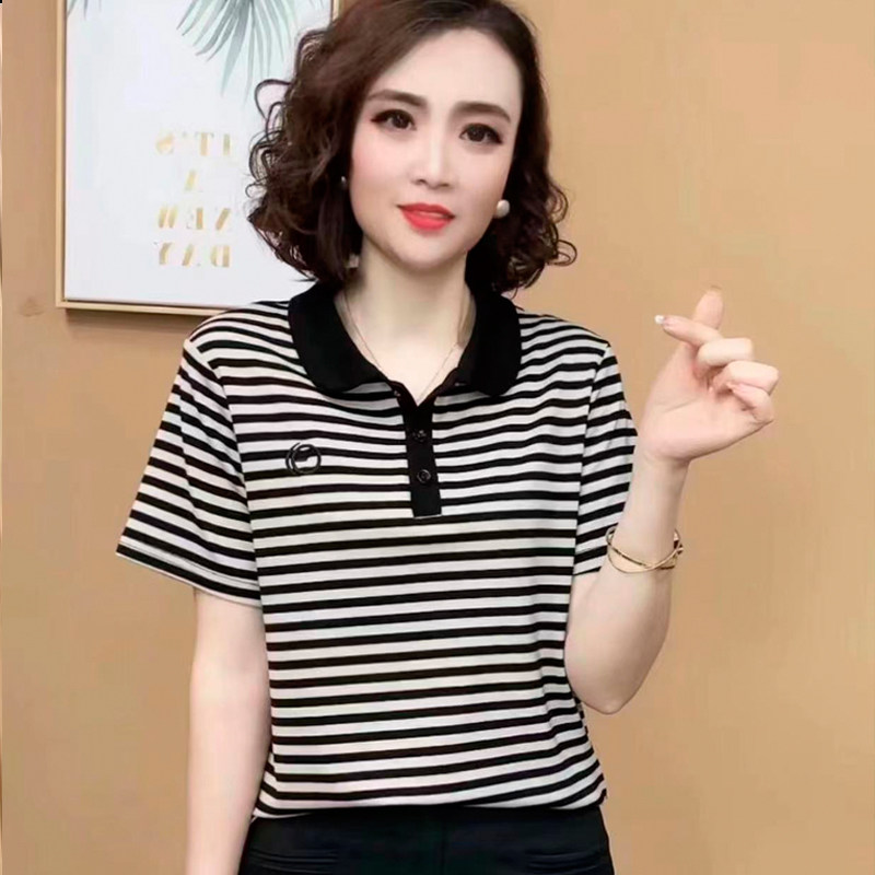 条纹短袖t恤女夏季2025新款时尚百搭宽松显瘦减龄polo衫洋气上衣