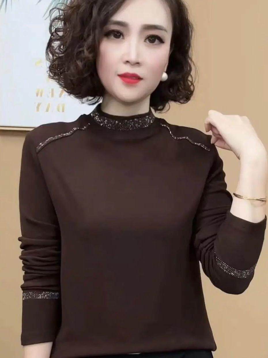 双面绒半高领德绒打底衫女春秋2025新款修身显瘦一体烫钻长袖上衣