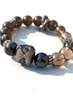天然黑曜石茶晶12mm原创DIY手链