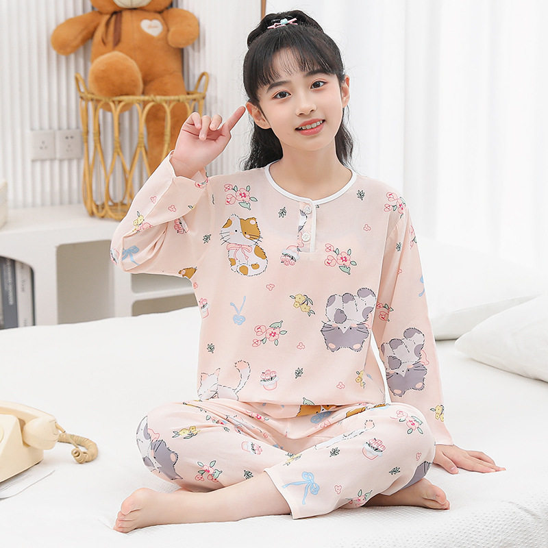 夏季儿童睡衣长袖棉绸女童套装男童薄绵绸大童空调服小孩子家居服