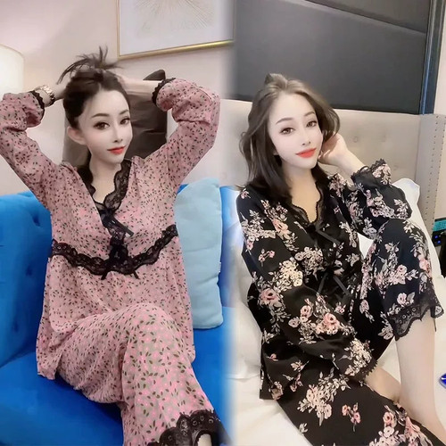 维多利亚女士蕾丝拼接花边网红睡衣秋季新款碎花 V领长袖家居服饰