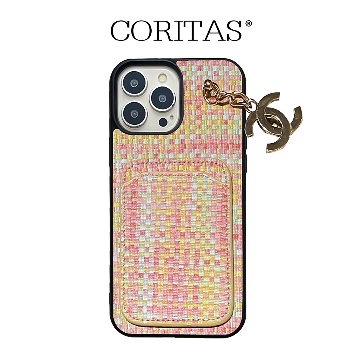 CORITAS/科里塔斯 适用苹果iPhone13 14 15 16PM 编织纹3色香奈儿金标挂件 卡包 简约小众全包镜头手机壳