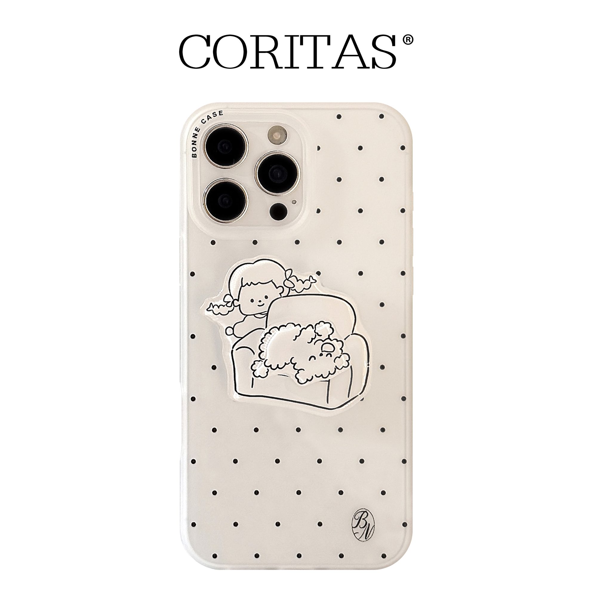 CORITAS/科里塔斯 适用苹果16ProMax 糯米透白气质满屏黑点沙发女孩狗 旋转支架女生可爱12/13/14/15PM手机壳