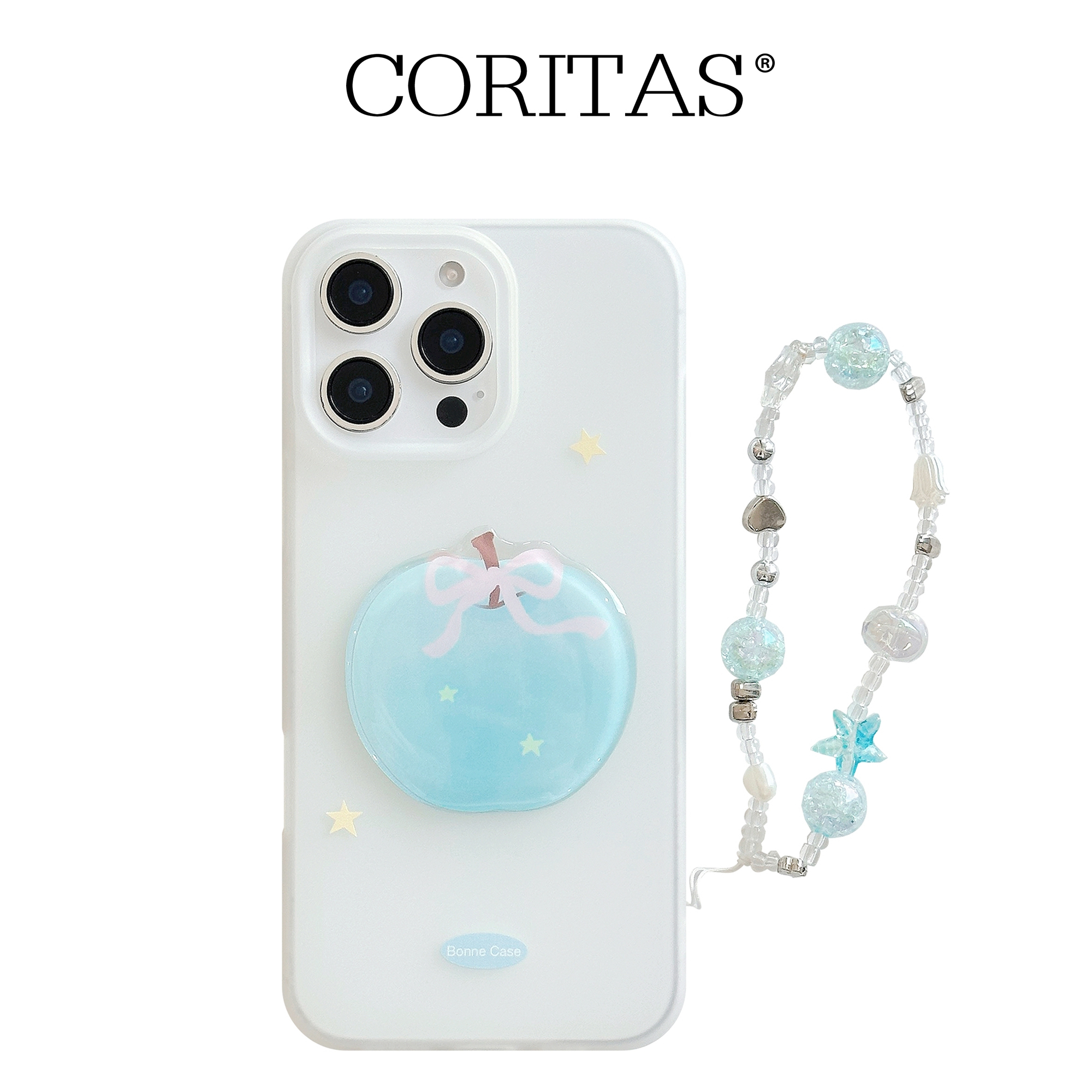 CORITAS/科里塔斯 适用苹果15 16ProMax 糯米透白 立体粉结蓝果+蓝珠银心绳 女生可爱12/13/14/15PM手机壳