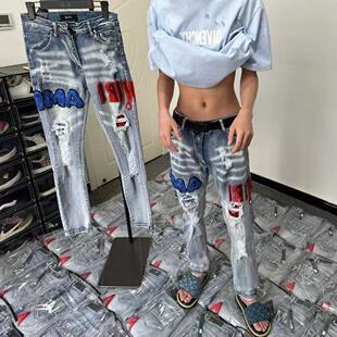 轻奢AM埃米尔高版本红蓝BUFF双拼破洞贴布刺绣修身小脚儿童牛仔裤