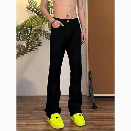 黑色童装弯刀微喇牛仔裤男加长裤子高腰美式高街中大童vibe直筒裤