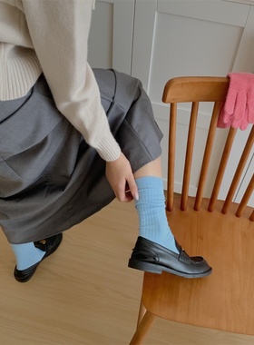 双针细腻24秋冬新款socks女士纯色袜子浅蓝色灰色松口不勒堆堆袜
