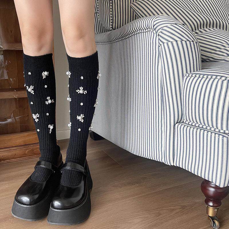 2025春秋小腿袜socks手缝闪亮珠片长袜子女miu系百搭设计师长靴袜