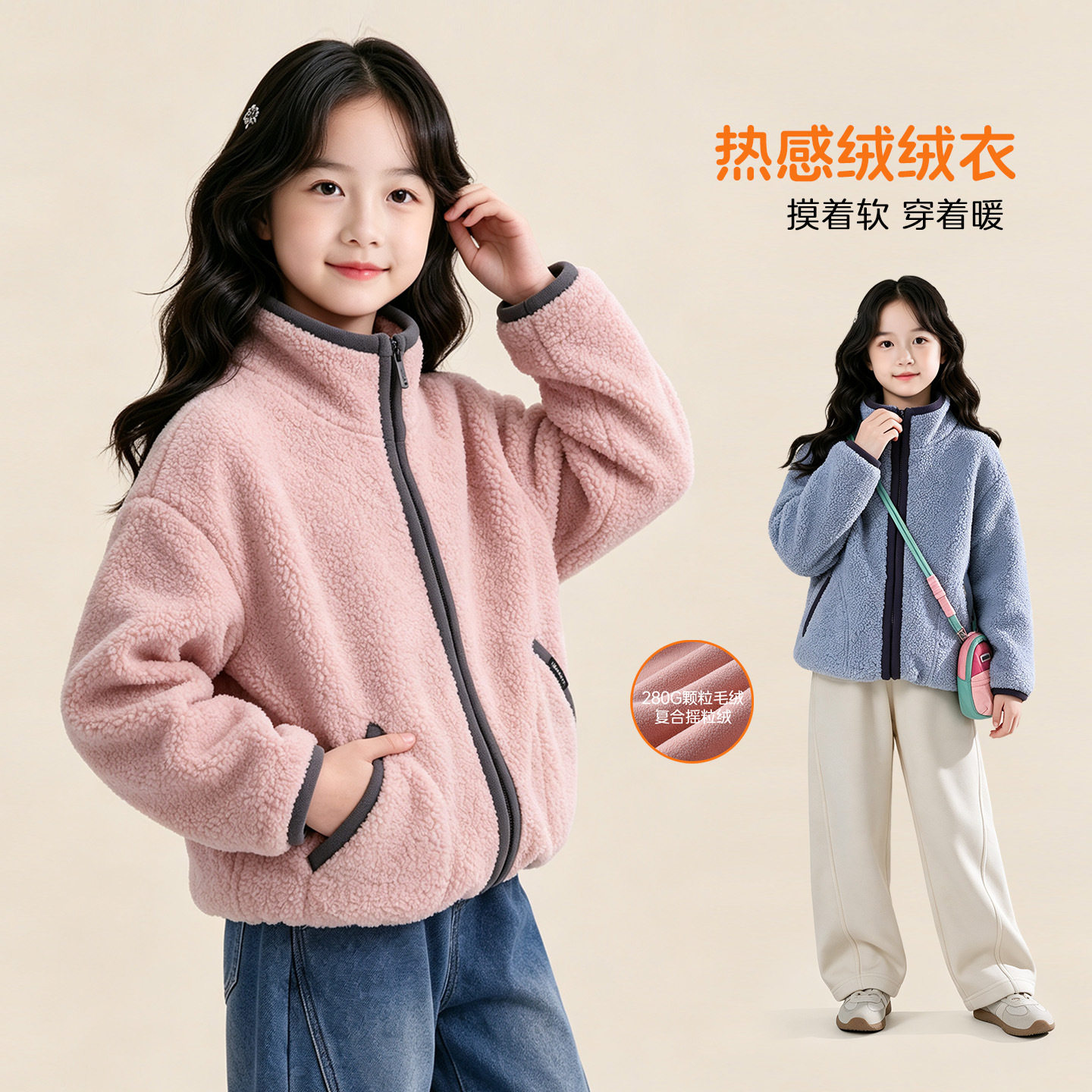 女童外套秋冬新款儿童中大童撞色保暖羊羔毛上衣冬季立领摇粒绒