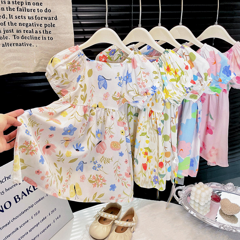 女童绵绸连衣裙夏季短袖碎花A字裙子女宝宝中小童洋气印花公主裙