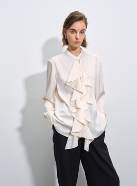 APARALLEL 2025早秋小立领荷叶边褶皱缎面长袖衬衫