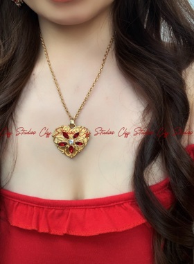 悬崖会所 爱心红宝石中古vintage圣诞新年古典复古lolita颈链项链