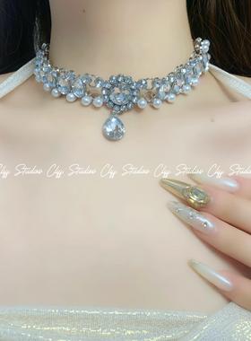 悬崖会所水钻锆石珍珠choker项链