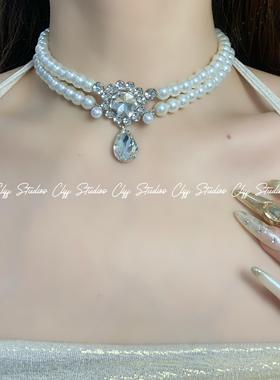 悬崖会所珍珠水钻龙心颈项链新娘