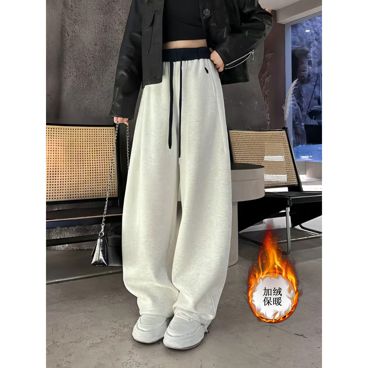 加绒美式撞色抽绳拼接弯刀卫裤2025秋冬新款高腰休闲阔腿运动裤子