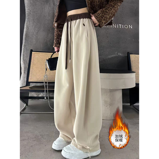 冬款加绒加厚刺绣小标拼色高腰高定美式休闲弯刀阔腿裤显瘦休闲裤