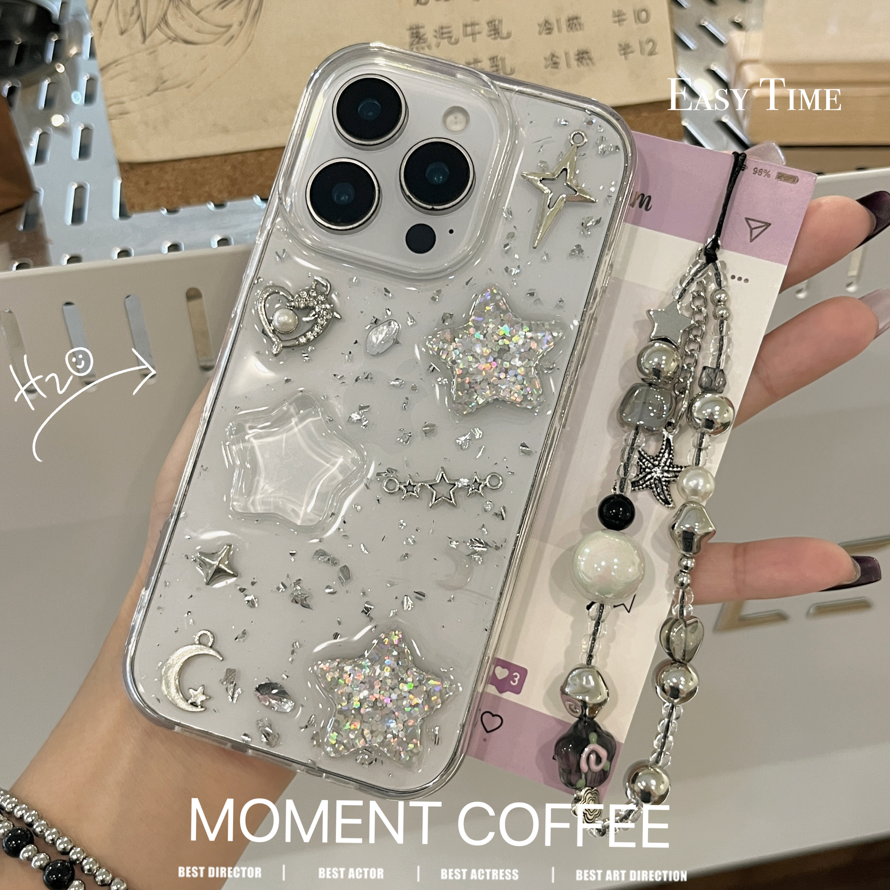 甜酷银箔立体闪粉星星适用苹果17 16 15promax手机壳iPhone14新款13挂件软壳12滴胶软壳11防摔xs保护套16e女