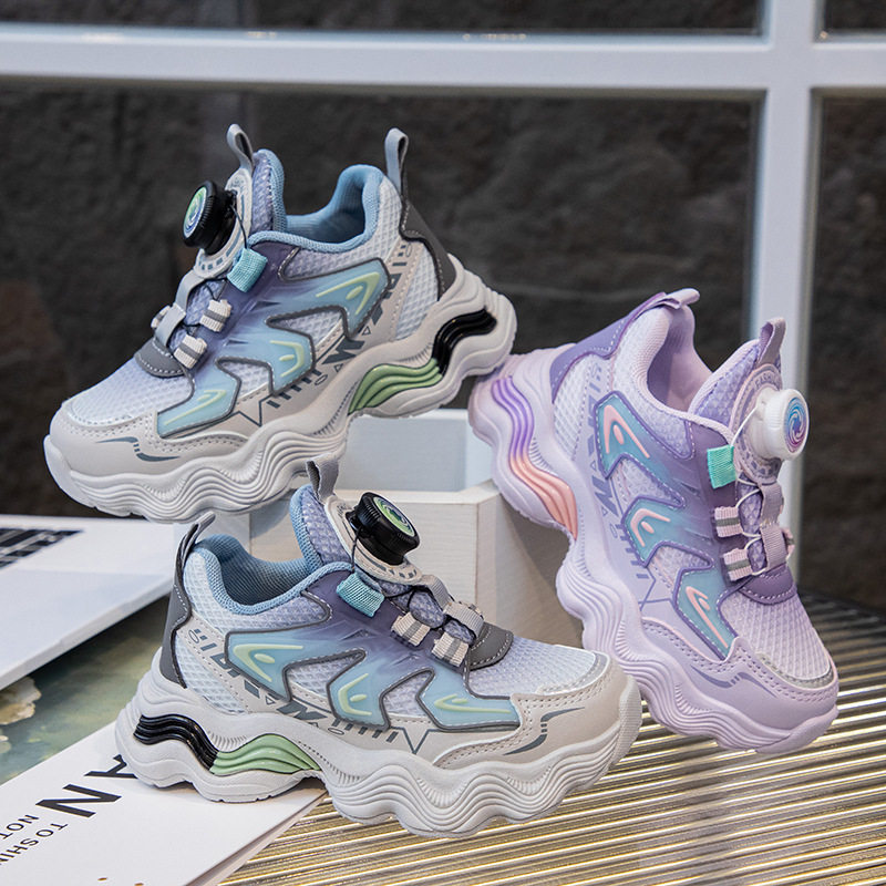 女童运动鞋2024春秋新款旋转纽扣透气儿童跑步鞋中大童男孩老爹鞋