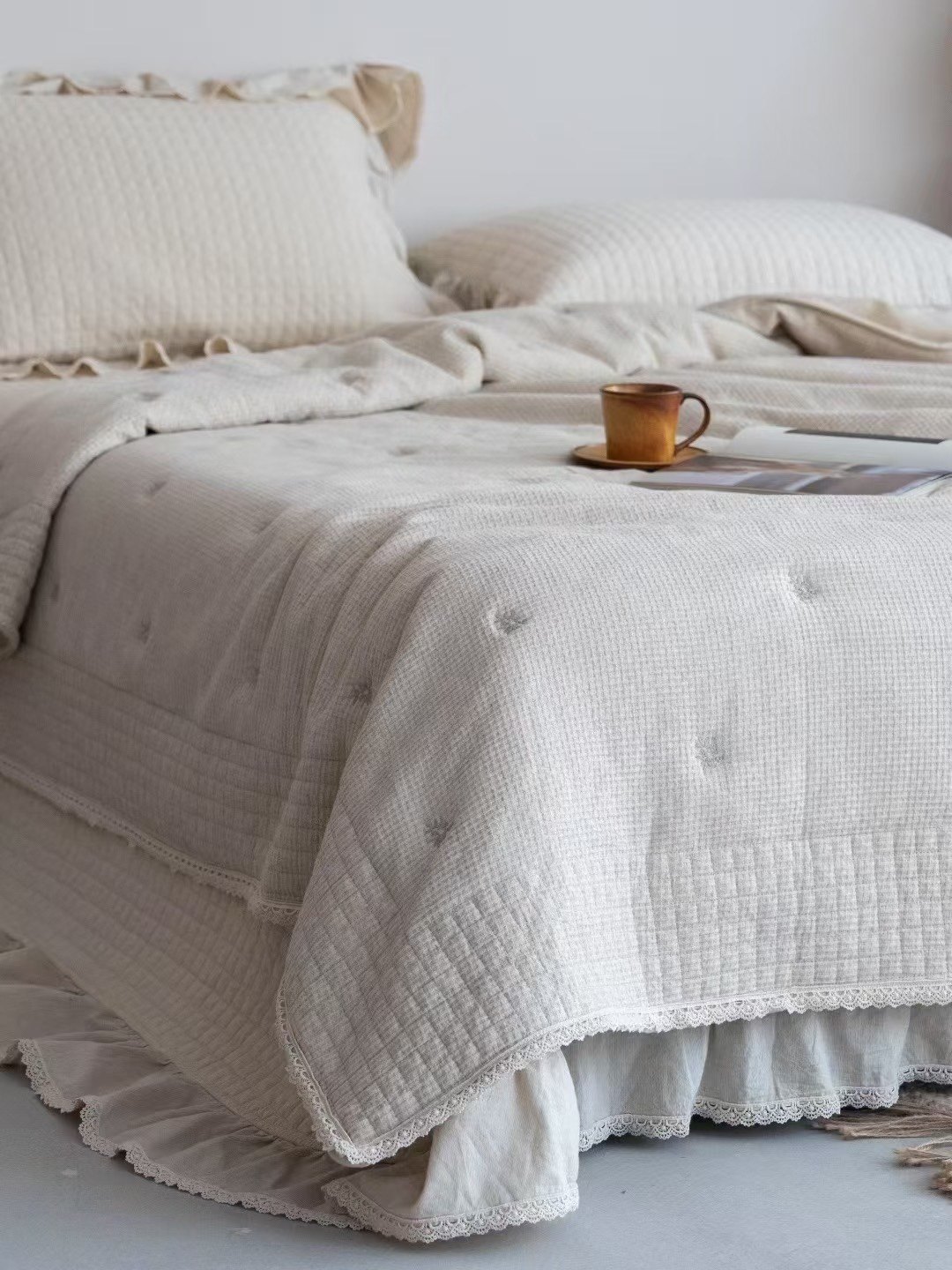 外贸出口棉麻床盖绗缝四件套提花刺绣重工刺绣四季可用