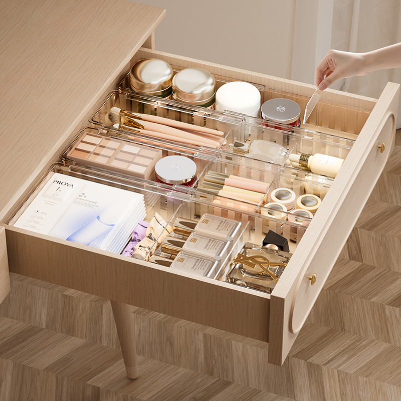可伸缩抽屉收纳盒化妆品护肤品分隔收纳梳妆台透明桌面厨房整理盒