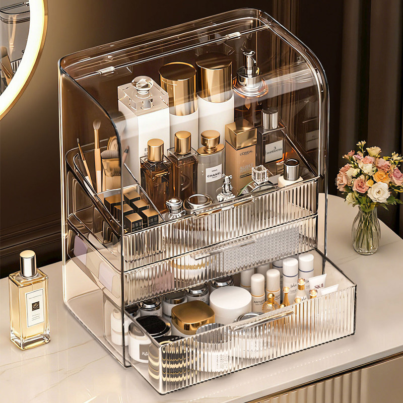 化妆品收纳盒桌面防尘透明高级感大容量化妆刷整理箱护肤品置物架