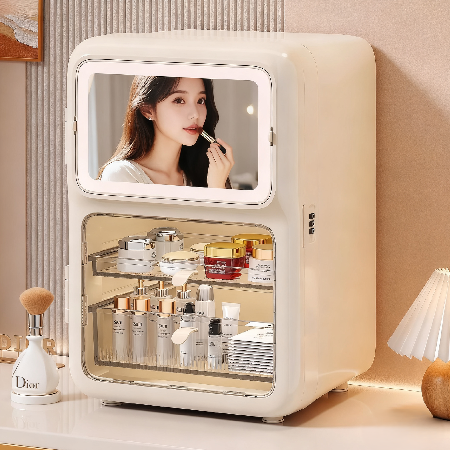 2025新款桌面化妆品收纳盒高级感带镜大容量盒子粉扑护肤品置物架,收纳整理,桌面收纳盒,淘宝优惠券,粉丝福利购,淘宝优惠卷
