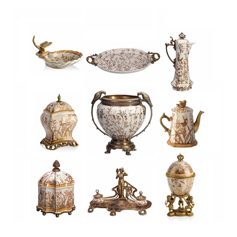 欧式纯铜手绘瓷摆件 法式家居装饰品 美式托盘花瓶烛台储物罐花盆