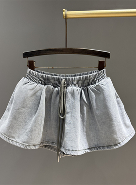复古浅蓝色牛仔半身裙女2026春季新款松紧腰抽绳显瘦辣妹花苞短裙