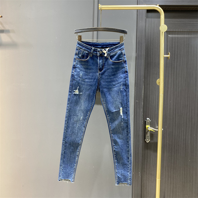 高腰小脚牛仔裤女2025春秋新款修身显瘦破洞毛边紧身九分铅笔裤子