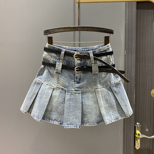 2025新款 设计感高腰牛仔半身裙女夏季 百褶显瘦港风双腰带A字短裙