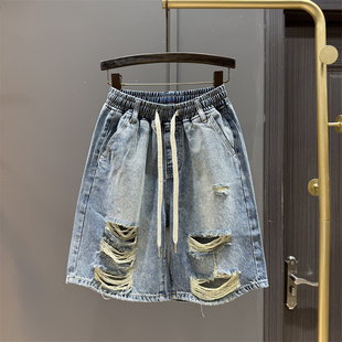 宽松直筒休闲阔腿中裤 美式 新款 女2025夏季 街头破洞做旧牛仔五分裤