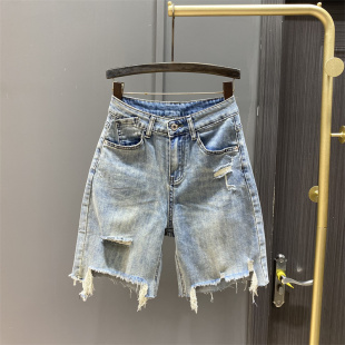 中裤 浅蓝色破洞毛边牛仔五分裤 宽松直筒阔腿裤 薄款 女欧货2026夏季