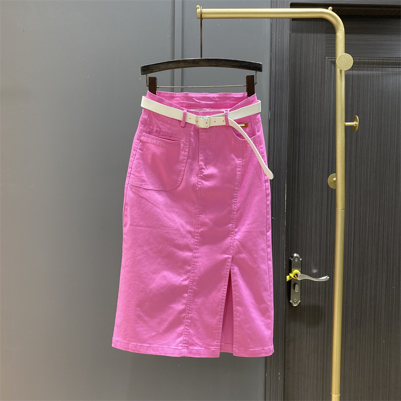 减龄粉红色侧开叉牛仔半身裙女夏季新款弹力高腰显瘦一步包臀长裙