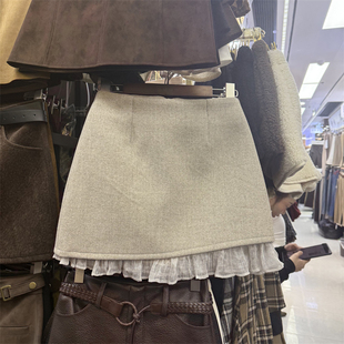 韩版温柔风蕾丝花边拼接A字半身裙女秋冬款高腰显瘦百搭毛呢短裙