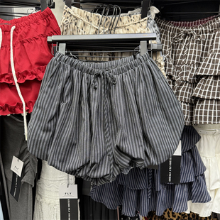 抽绳松紧腰百搭显瘦直筒裤 复古条纹休闲花苞短裤 女2026年春夏新款