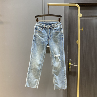2026春夏新款薄款宽松小个子八九分烟管裤浅蓝色破洞牛仔直筒裤女