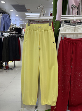 黄色弯刀阔腿裤女2026春季新款松紧腰抽绳运动休闲卫裤宽松哈伦裤