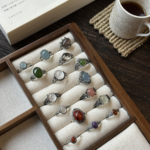 紫水晶海蓝宝幽灵南红镶银托戒指