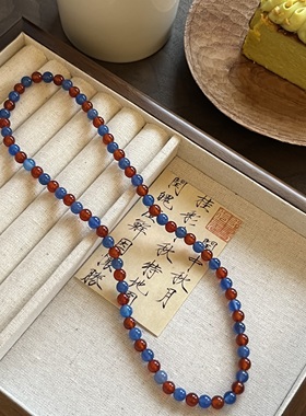 新中式天然石红蓝玛瑙复古锁骨链