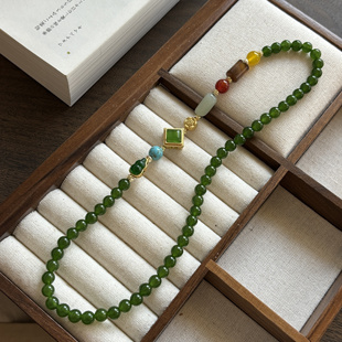 青山迟迟 原创新中式国风黄玛瑙和田玉绿玉髓古法沙金锁骨链项链