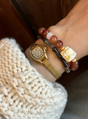 串珠黑云母竹节象牙古醒狮手链