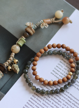 新中式原创自制国风月光石檀木手工编绳双圈叠戴手链手串弹力绳