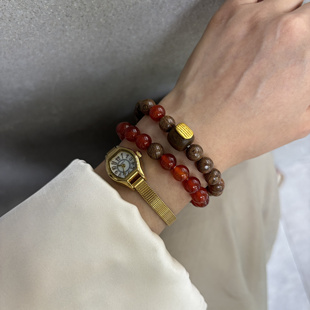 东方之美 原创自制天然红玛瑙金丝檀木新中式古物配色双圈手链