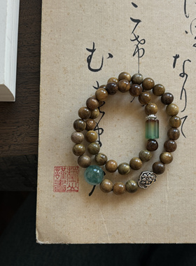 绿檀搭配玛瑙古朴稳静双圈手串