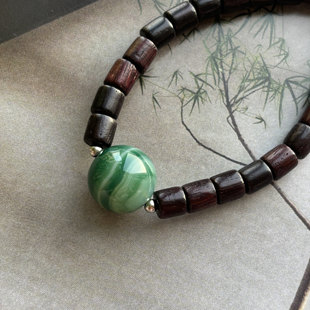 春树暮云 原创自制手工串珠天然绿条纹玛瑙搭配檀木手串手链