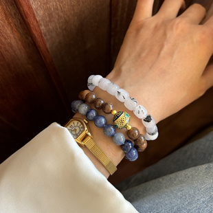 水墨 原创自制天然石串珠新中式双圈手链金丝檀木蓝东陵手串手链