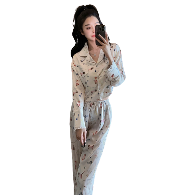 少女甜美小個(gè)子睡衣 春秋款長袖翻領(lǐng)V領(lǐng)休閑冰絲短款居家套裝睡服