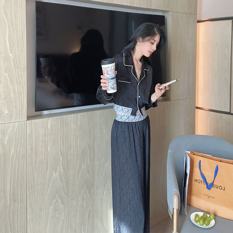 D家高定网红好看睡衣 女春秋夏新款冰丝小个子薄款短装黑色家居服